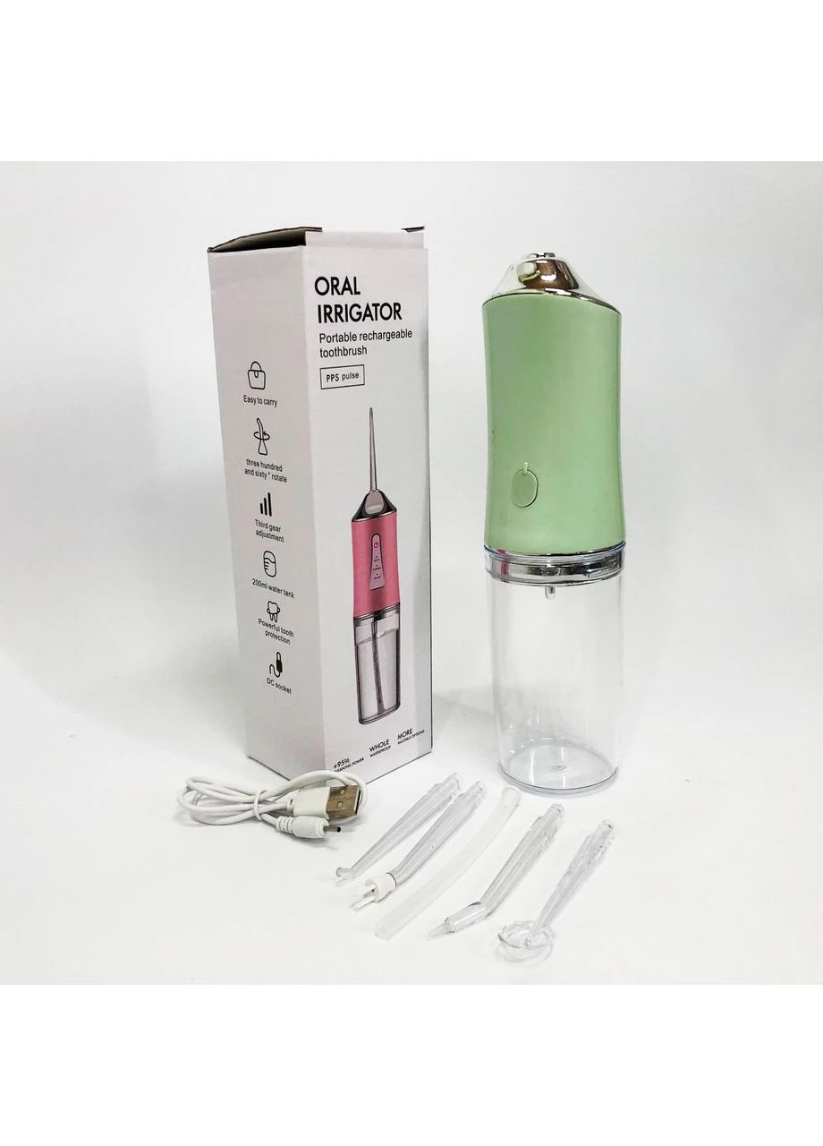 Ирригатор для чистки зубов и полости рта Oral Irrigator с аккумулятором и сменными насадками. Цвет: зеленый Portable (351485867)
