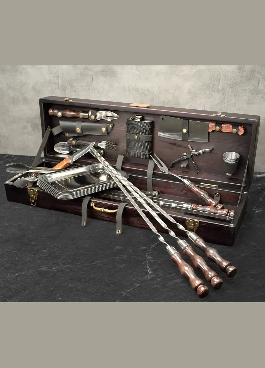 Набор для пикника с шампурами "Ран" в деревянном кейсе из 37 предметов на подарок куму, брату, свату, мужу Handmade WC-011 (346085173)