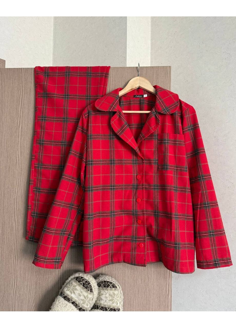 Червона зимня жіноча піжама сорочка + брюки FINO Mode