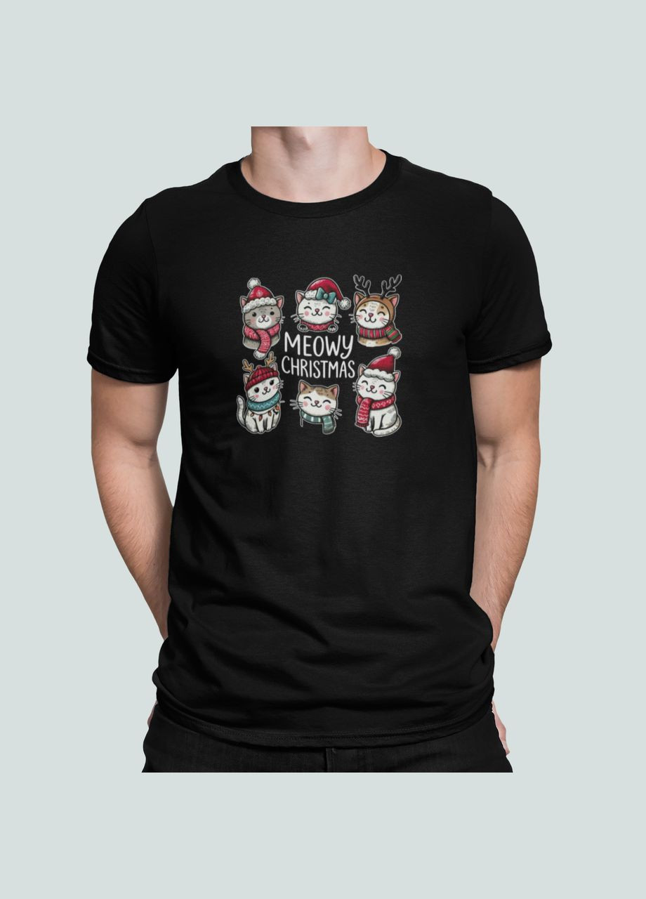 Чорна чоловіча новорічна футболка з принтом meowy christmas новорічні котики Stedman