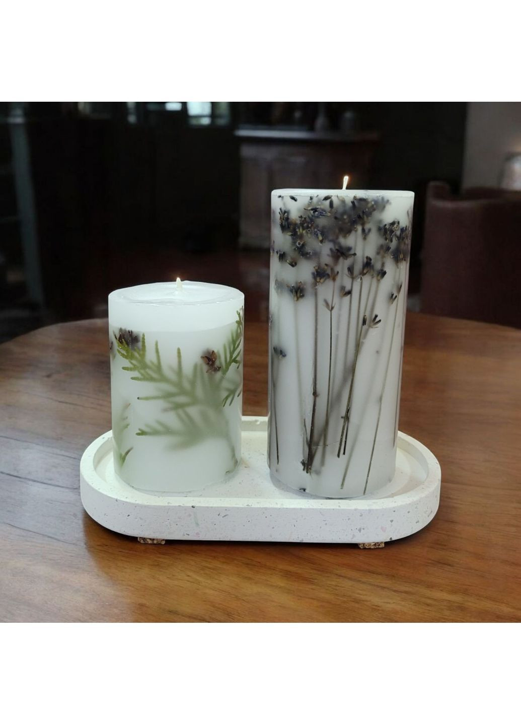 Набір свічок ручної роботи свічки декоративні ароматичні у наборі з 2 шт на підставці з гілочками хвої та лаванди Handmade Studio - AV (369137506)