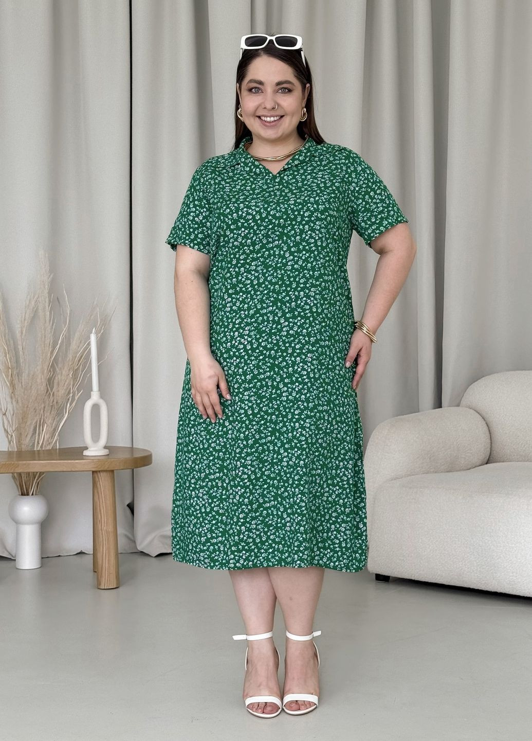 Зелена пляжна, повсякденний, кежуал, коктейльна літня легка сукня-поло з пояском в квіточку зі штапелю поло Merlini леопардовий