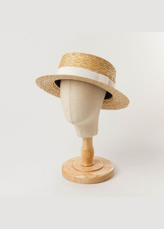 Літній солом'яний капелюшок канотьє з білою стрічкою (поля 5 см) No Brand (293943119)