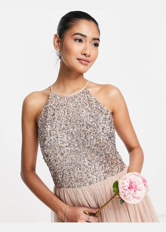 Бежевое коктейльное, вечернее, праздничный платье миди с отделкой пайетками вечерняя maya клеш Asos