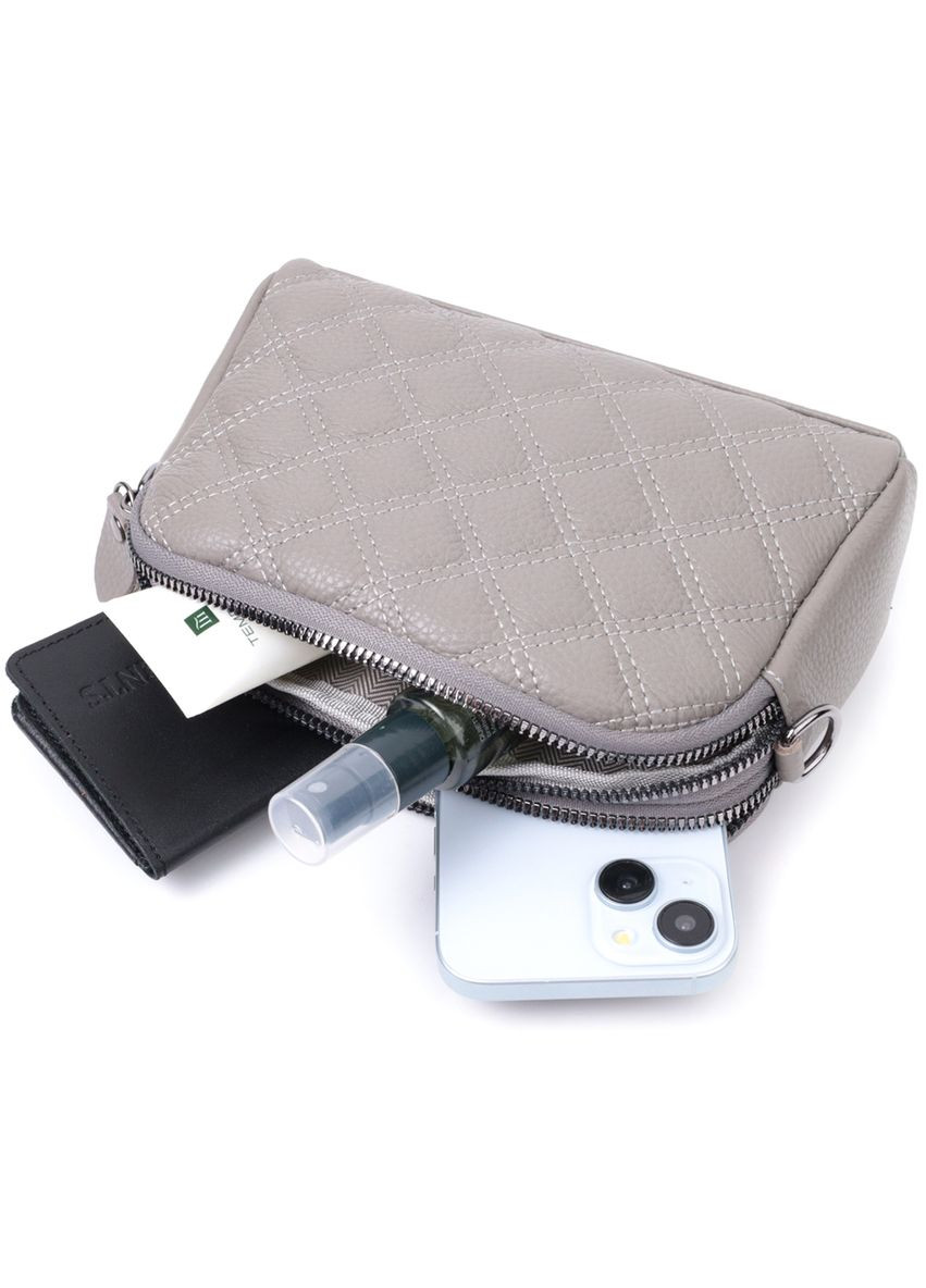 Зручна сумка жіноча прошита ромбами на лицьовій стороні з натуральної шкіри сірий 19,5х12,5х7 см 22810 Vintage (329197968)