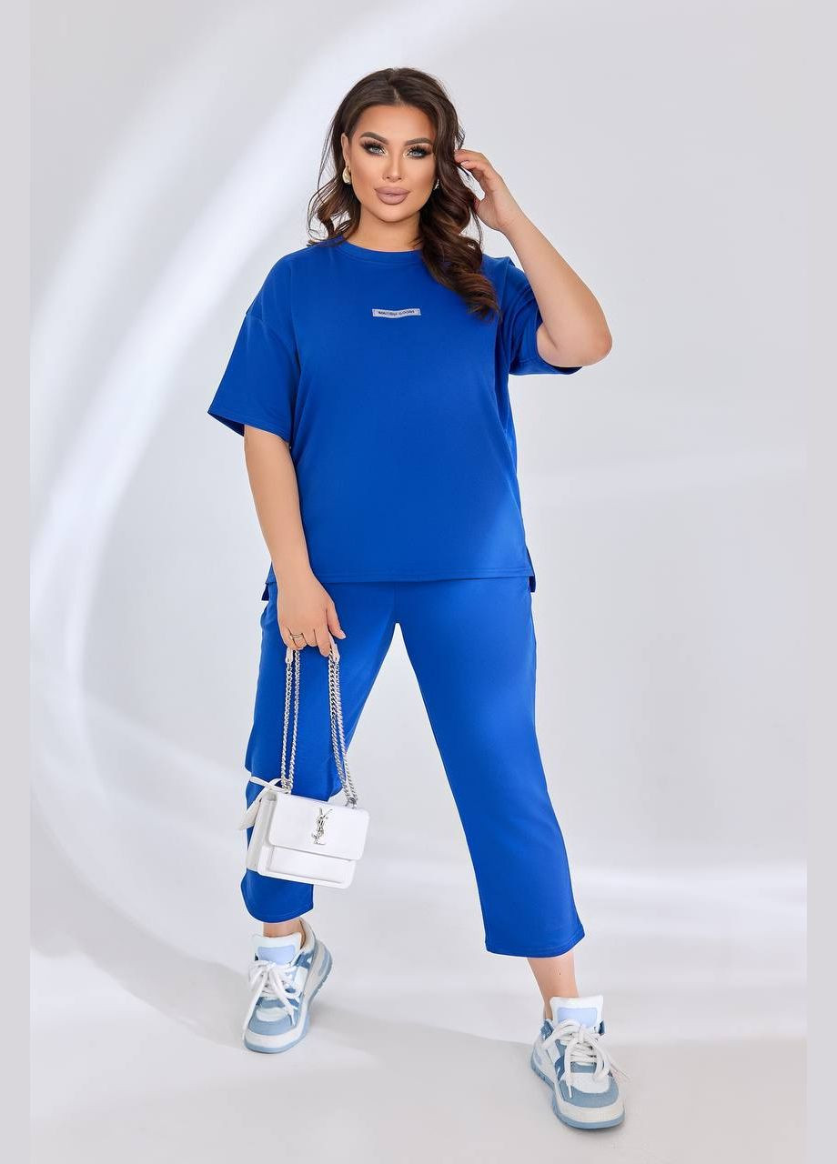 Однотонный летний синий батальный костюм с укороченными штанами/бриджами из качественной двухнитки пенье, костюм 2-ка No Brand 173-2 (295903282)