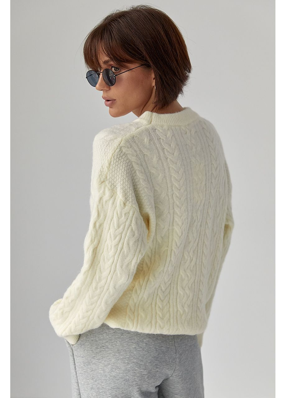 Молочный зимний вязаный свитер в косички Lurex