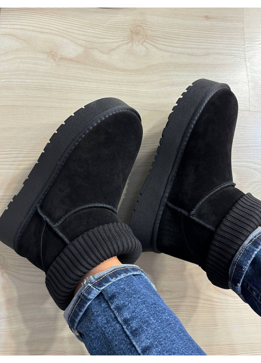 Уггі жіночі 56-1 з манжетом шкарпеткою на високій підошві чорні Hengji (357076051)