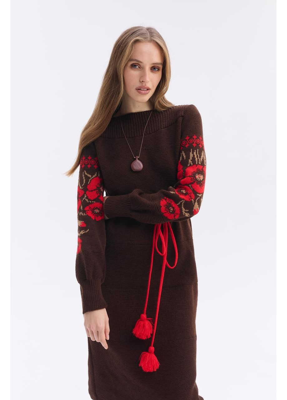 Темно-коричневое вязаное платье «любава» MEREZHKA с орнаментом