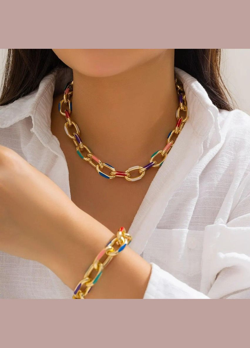 Комплект біжутерії жіночої прикраси богемний кольоровий браслет і ланцюжок чокер (намисто) золотистий Fashion Jewelry (290664038)