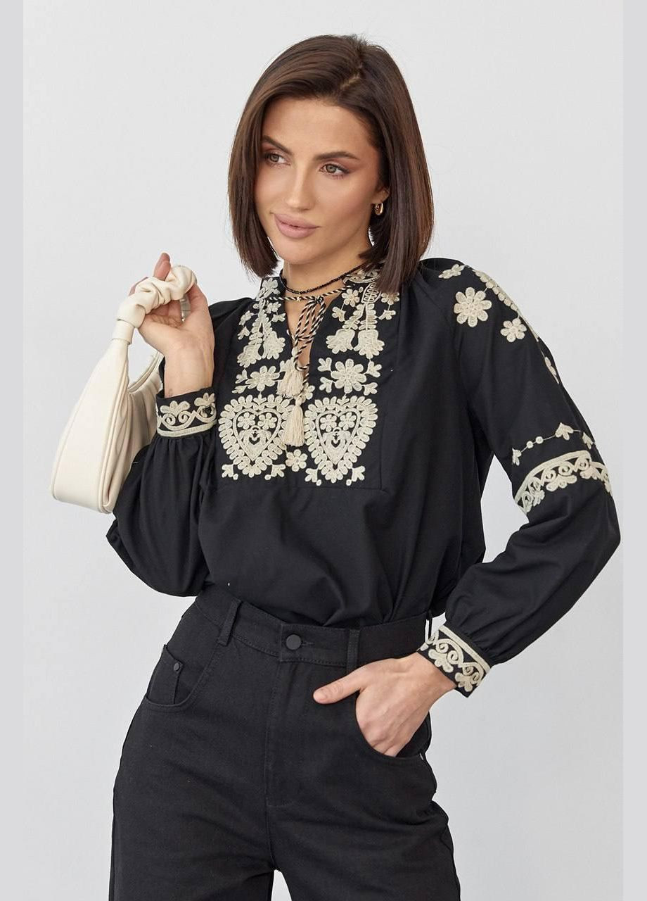 Жіноча вишиванка чорна, бавовняна блузка з вишивкою рукав ліхтарик S M L(42 44 46) No Brand (290282210)