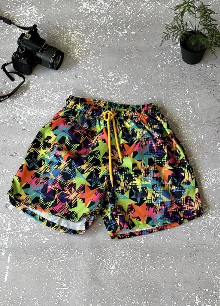 Модні чоловічі чорні пляжні шорти на підкладці з яскравим принтом No Brand (296007372)