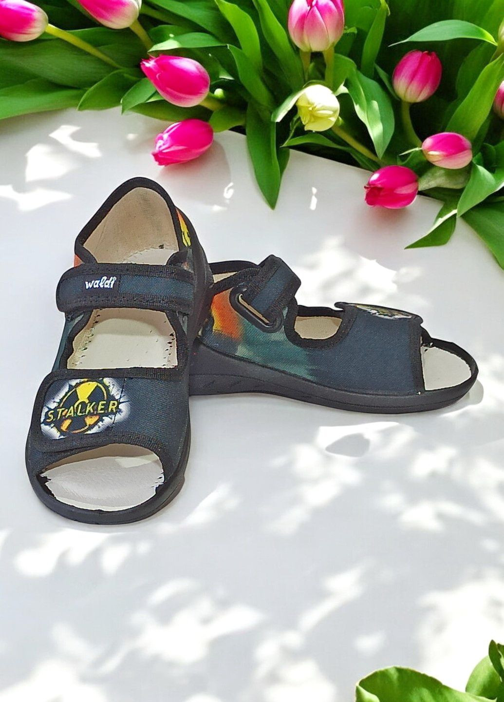 Черные детские открытые тапочки для мальчика ортопедические текстильные бососножки Waldi