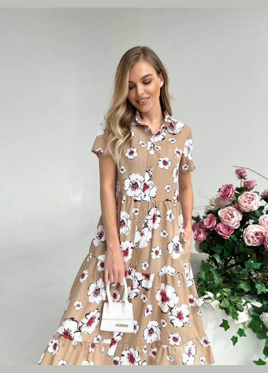 Бежевое повседневный женское платье-рубашка с цветочным принтом. рубашка MonCher с цветочным принтом