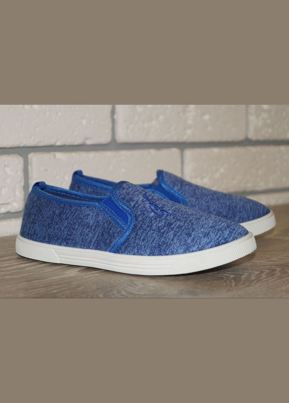 Синие слипоны для мальчика синие Blue Rama с вышивкой, с белой подошвой, с логотипом