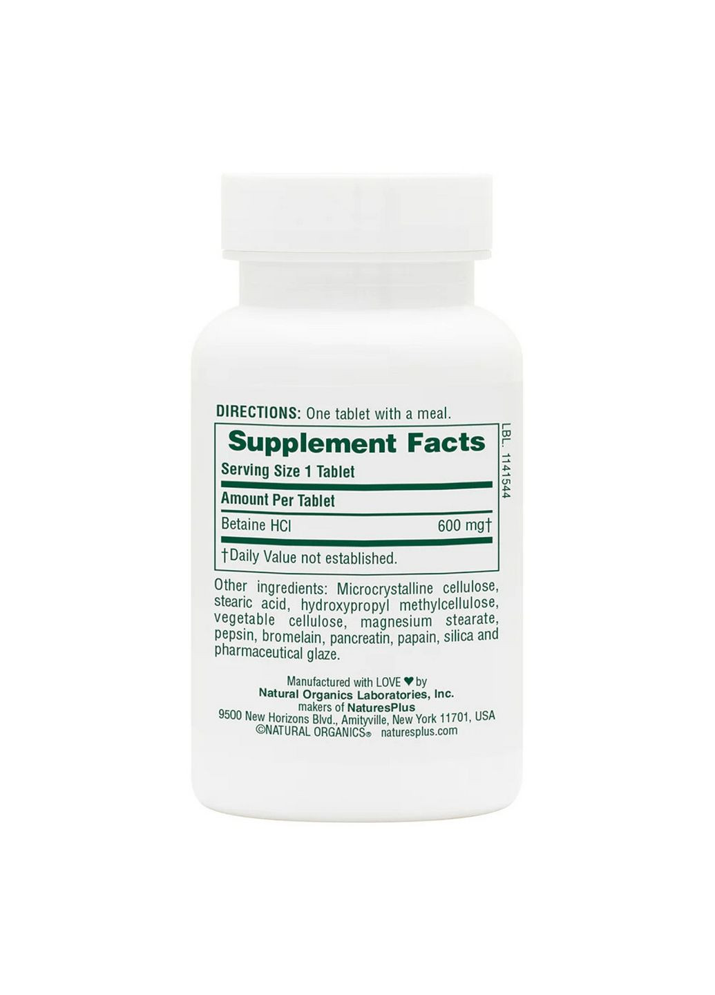 Натуральная добавка Betaine Hydrochloride 600 mg, 90 таблеток Natures Plus (293420910)