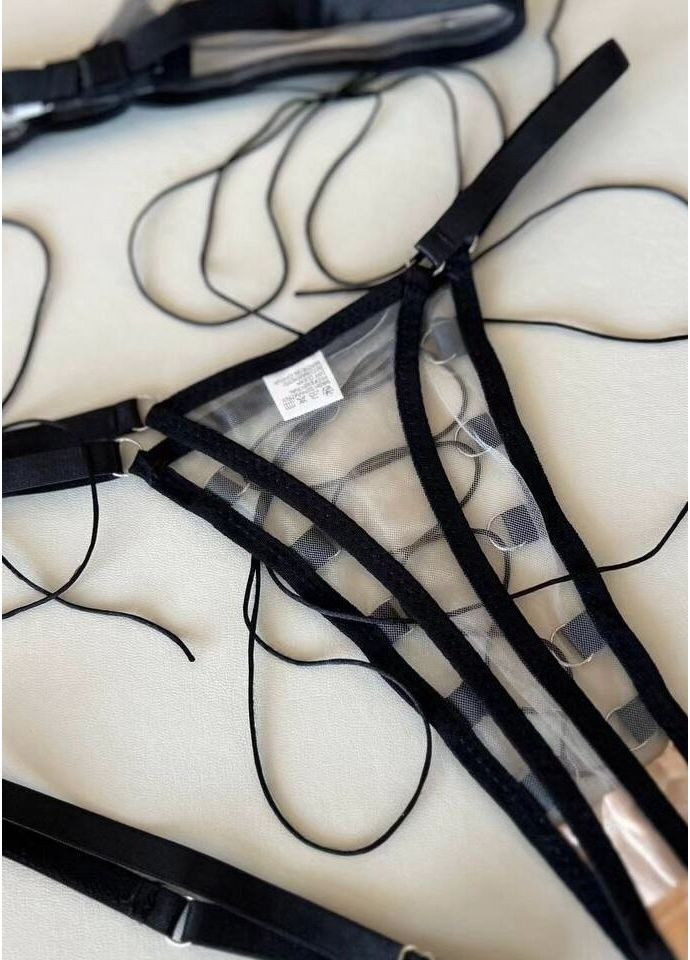 Чорний демісезонний жіночий прозорий комплект білизни на зав'язках з гартерами та чокером спокуслива нижня білизна з аксесуарами на мотузках Cindylove