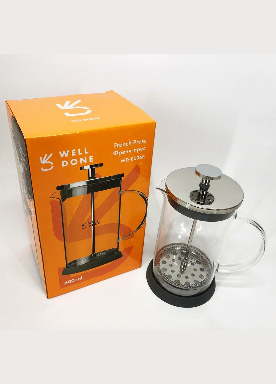 Френч-пресс WD-8036B из термостойкого стекла 600 мл, Чайник для заваривания трав прозрачный Well Done (364709729)