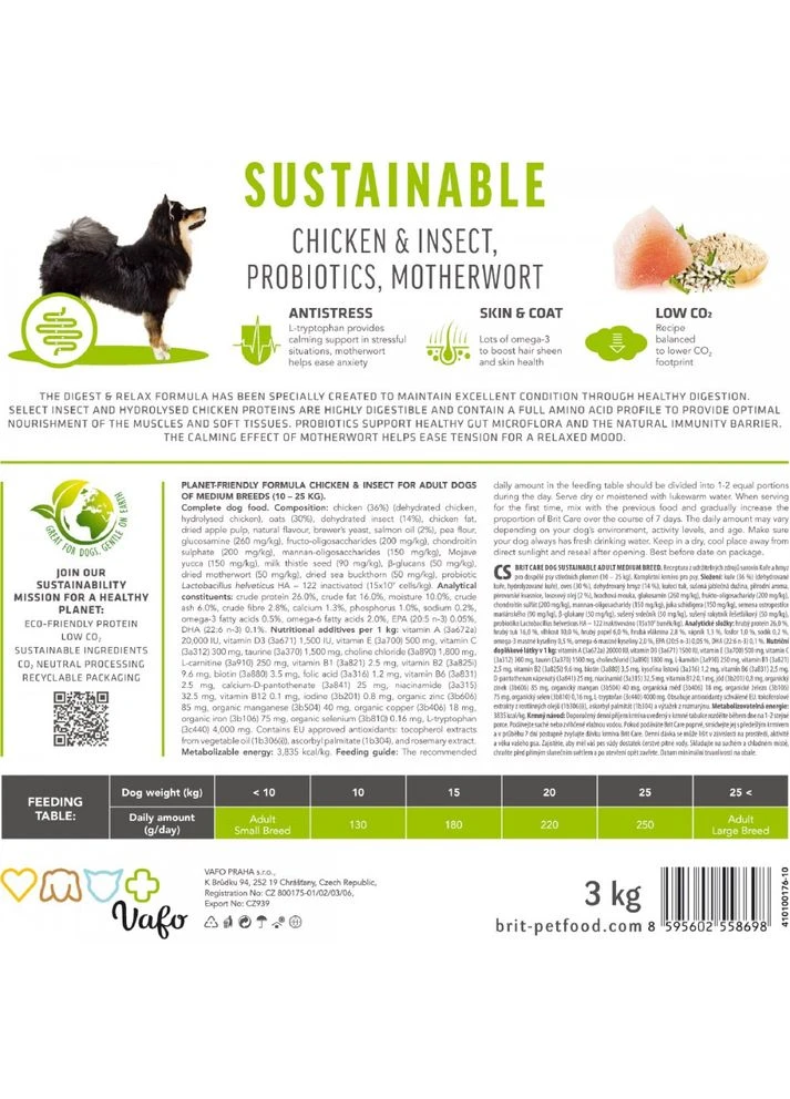 Сухой корм Dog Sustainable Adult Medium Breed для взрослых собак средних пород с курицей и насекомыми 12 кг Brit Care (393659716)