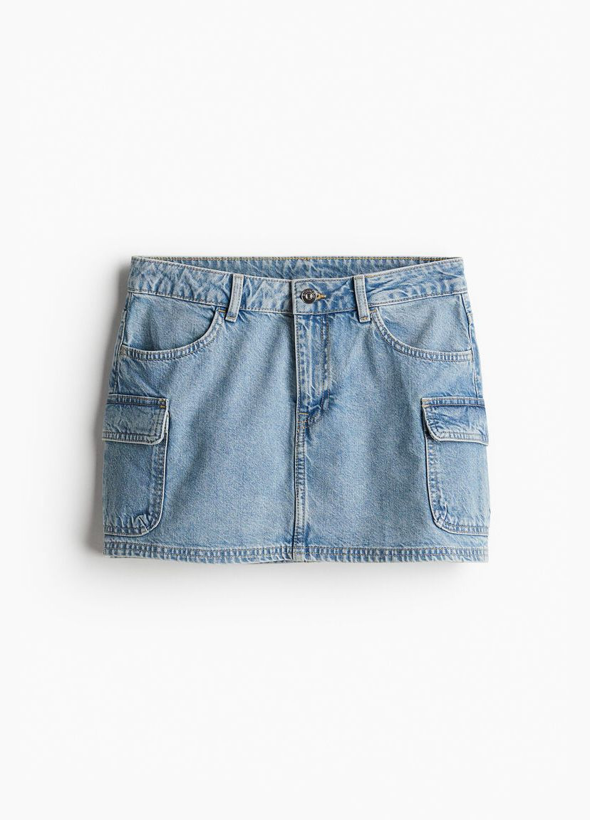 Голубая однотонная мини-юбка карго по твелу - 40р H&M