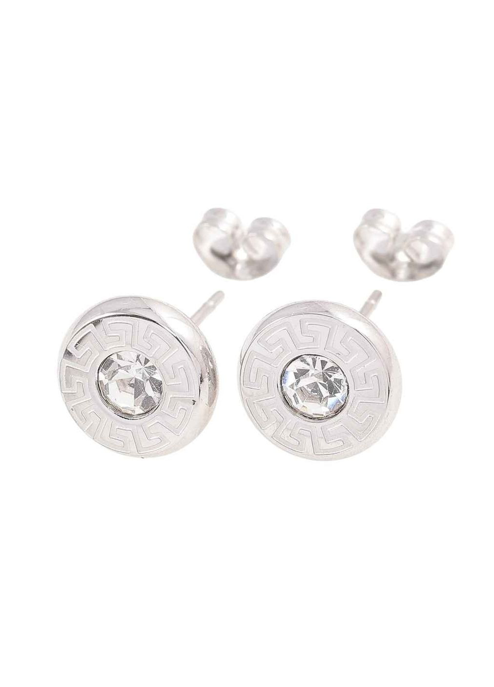 Серьги TTM Stainless Steel Родий пусеты «Круги с греческим орнаментом и кристаллом» ø 10мм 283948 Xuping Jewelry (356456173)