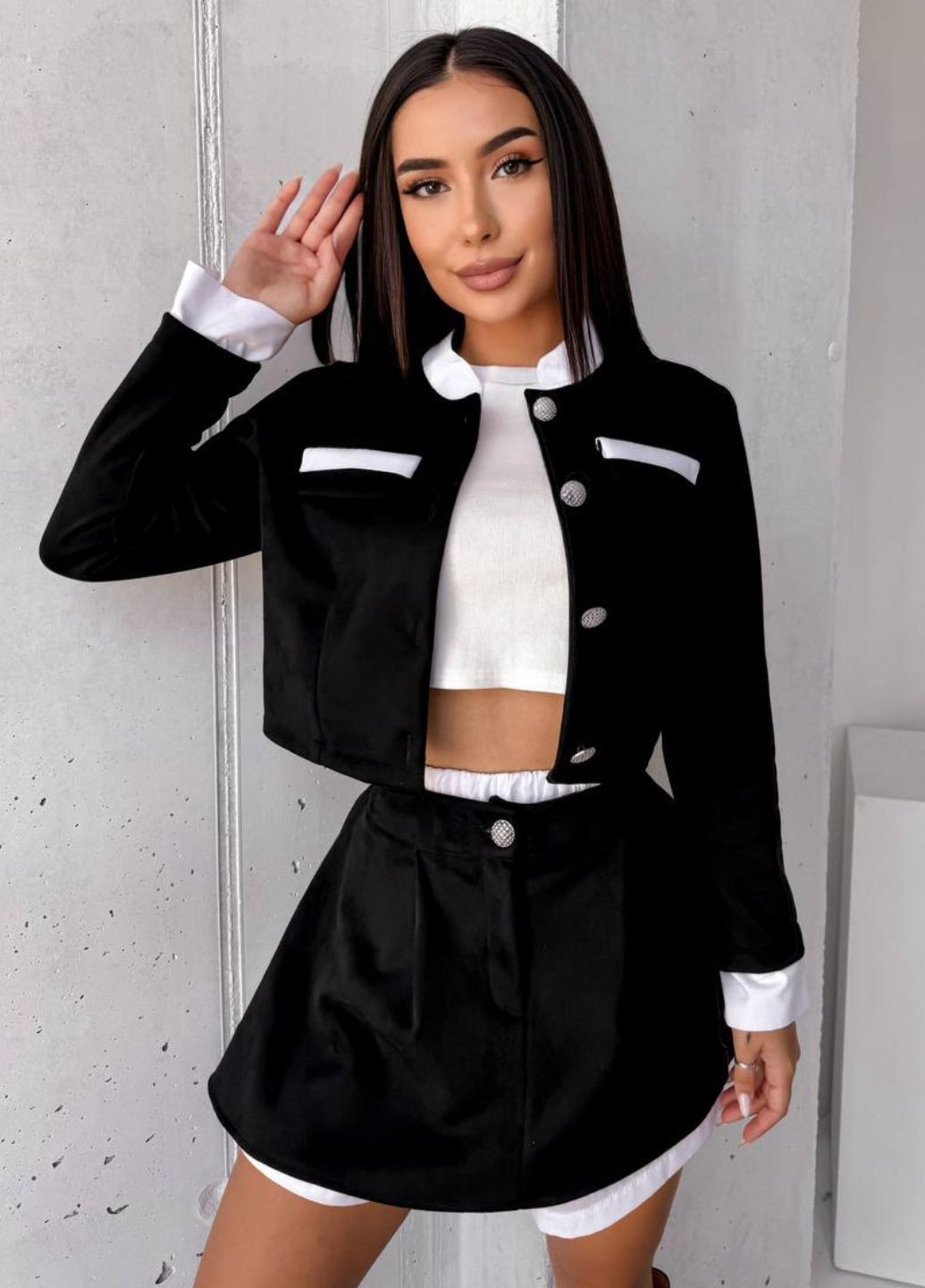 Изысканный костюм двойка: жакет на пуговицах + мини юбка-шорты Tik-Tak (324389264)