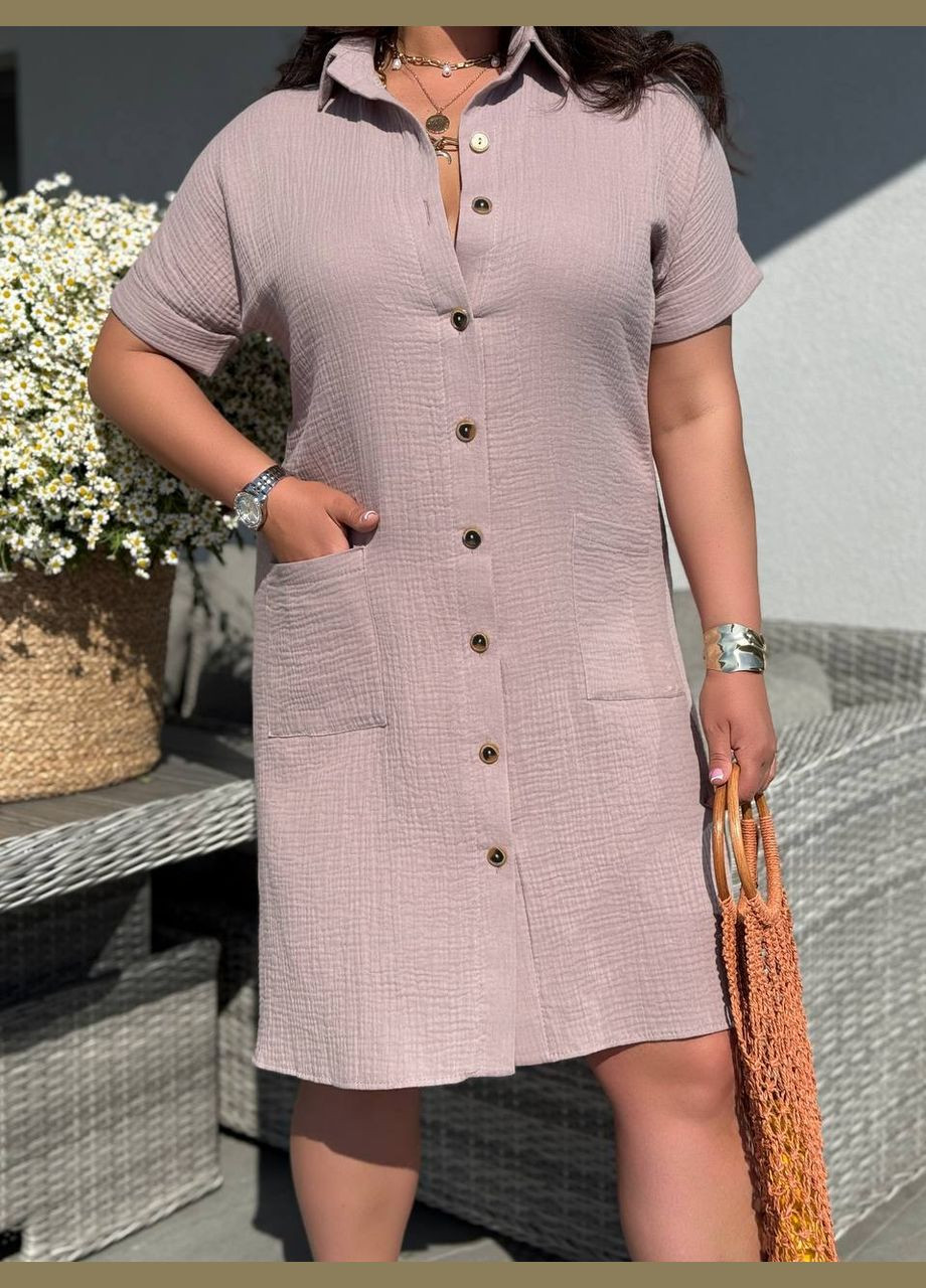 Бежева повсякденна ніжна жіноча сукня-сорочка з мусліну . Україна однотонна