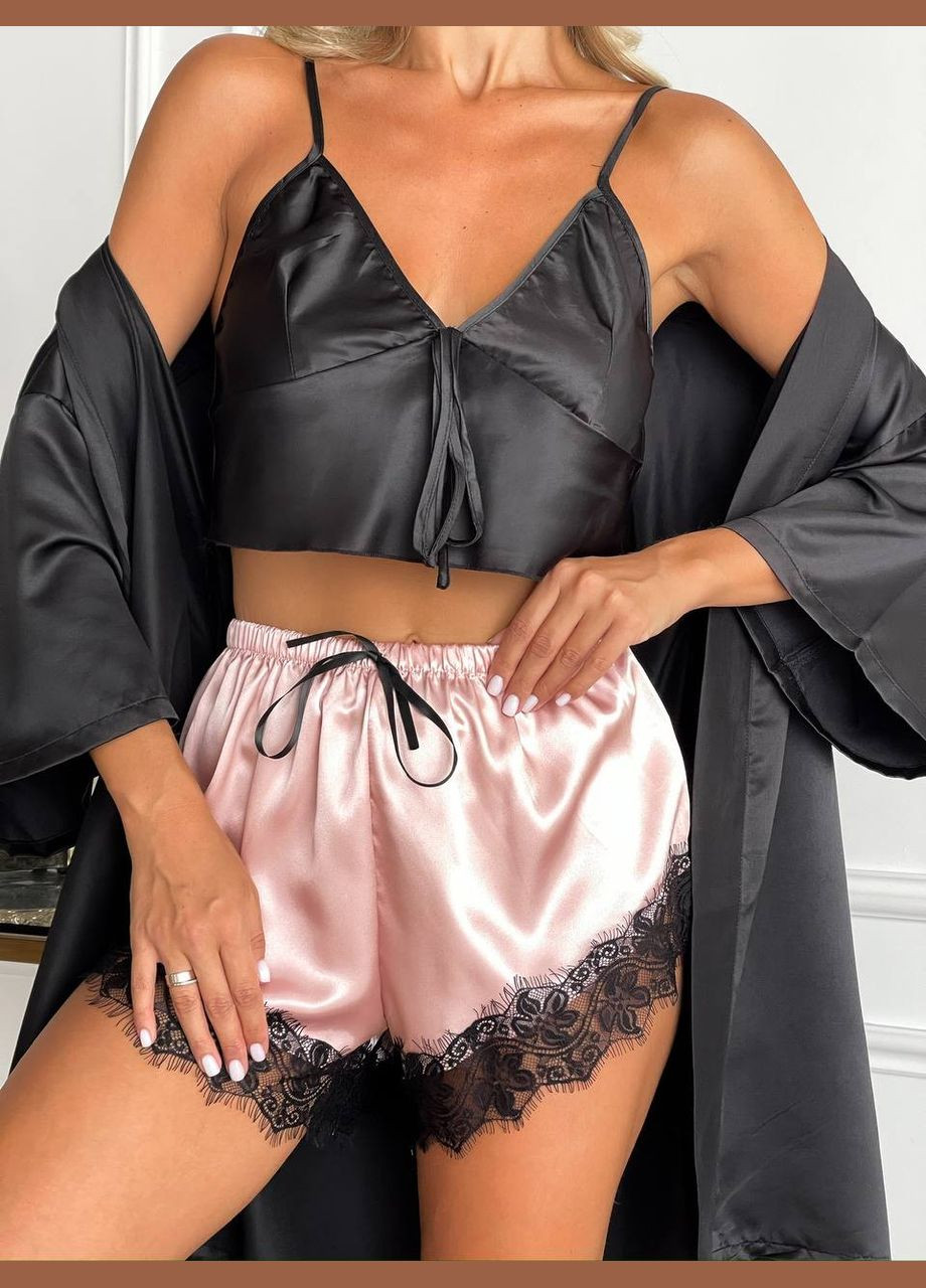 Чорна всесезон комплект для дому трійка шорти топ і халат чорний топ + шорти No Brand комплект