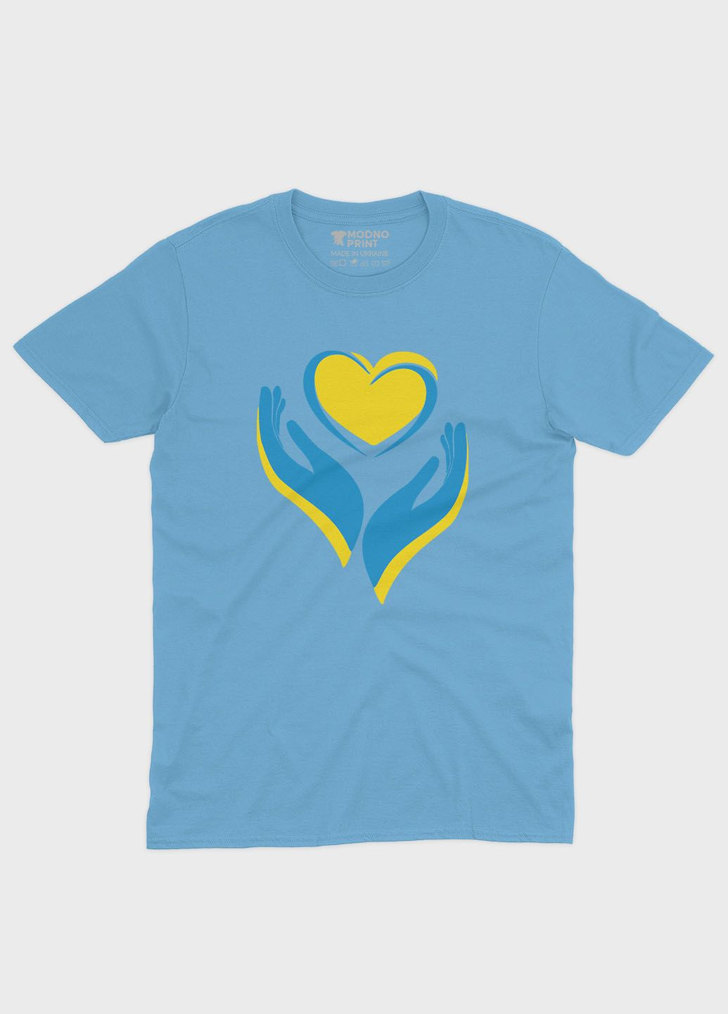 Голубая летняя женская футболка с патриотическим принтом сердце и лодони (ts001-2-lbl-005-1-029-f) Modno