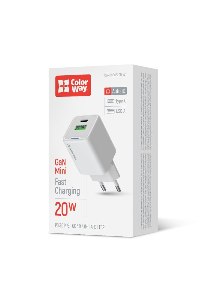 Сетевое зарядное устройство GaN Mini 20W PD Port PPS USB (Type-C PD + USB QC4.0) White (CW-CHS062PD-WT) Colorway (364860898)