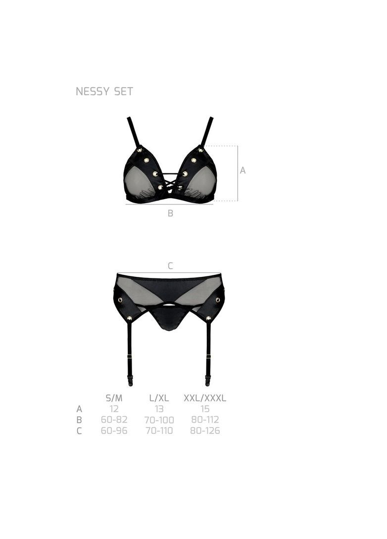 Комбінований демісезонний комплект білизни nessy set l/xl black, бюстгальтер, пояс для панчіх, стрінги Passion