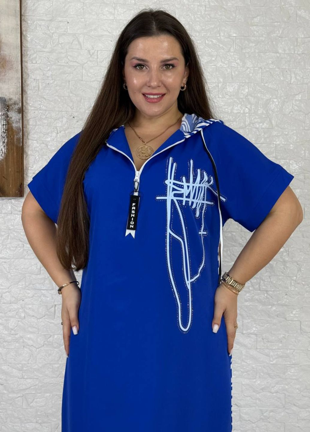 Синее повседневный базовое повседневное легкое летнее прямое меди платье с капюшоном и зебровым узором сзади Україна зебра