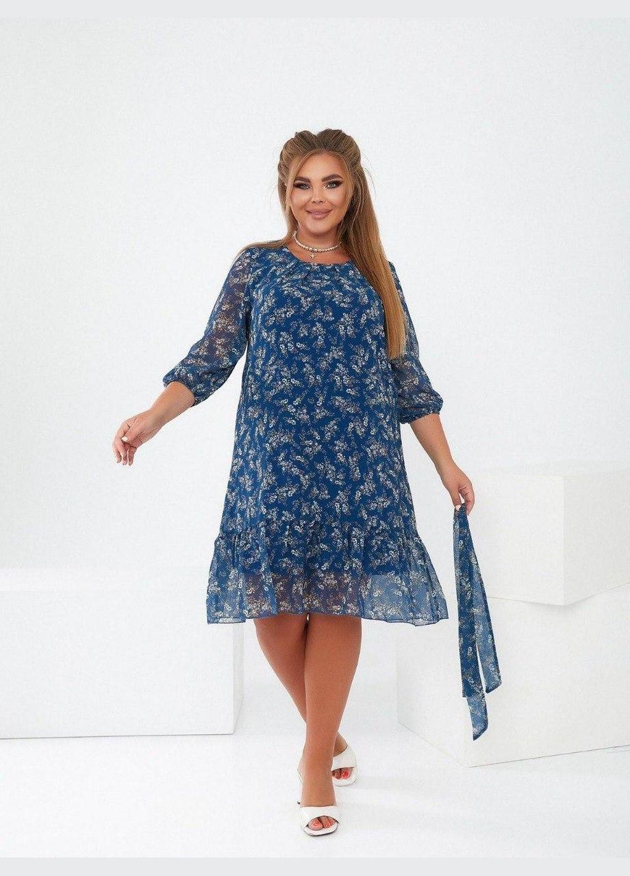 Синее кэжуал роскошное женское шифоновое платье с цветочным принтом батальное sf- 470 синий, 52 Sofia