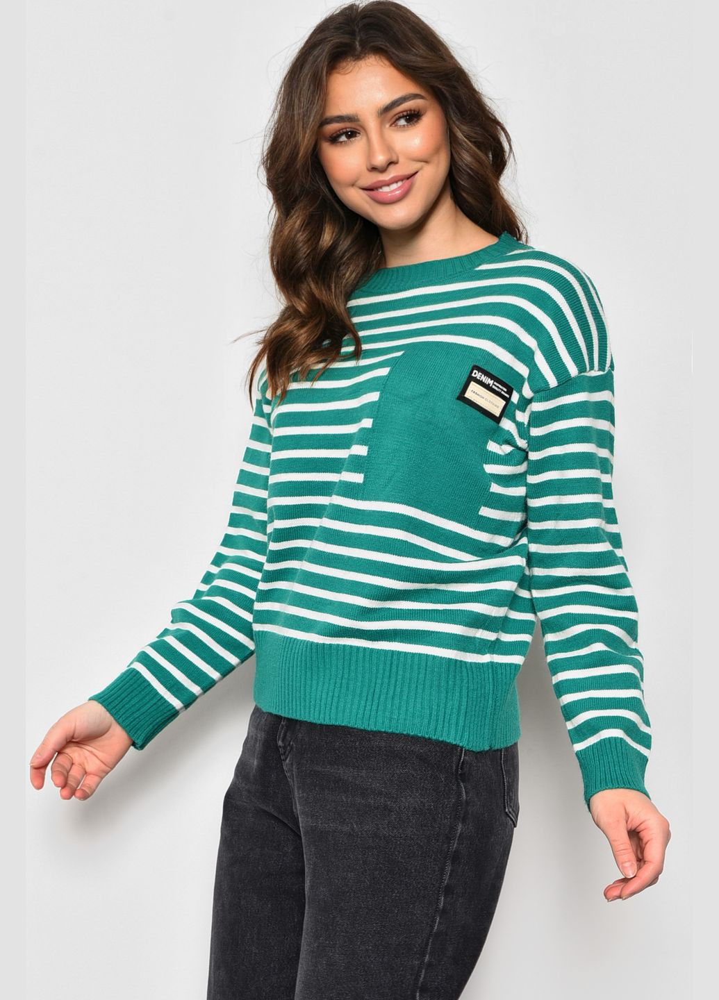 Зелений зимовий светр жіночий в смужку зеленого кольору пуловер Let's Shop