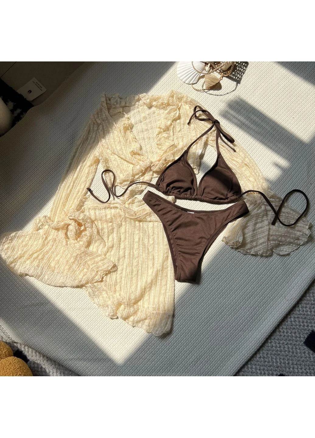 Кораловий пляжний комплект : купальник, спідничка та топ s, m, l No Brand