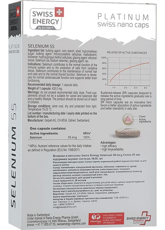 Витамины в капсулах «Селен 55 мкг для поддержания иммунной системы» Selenium 55 Long Effect 30шт (1067978-31021744) Swiss Energy (368642062)