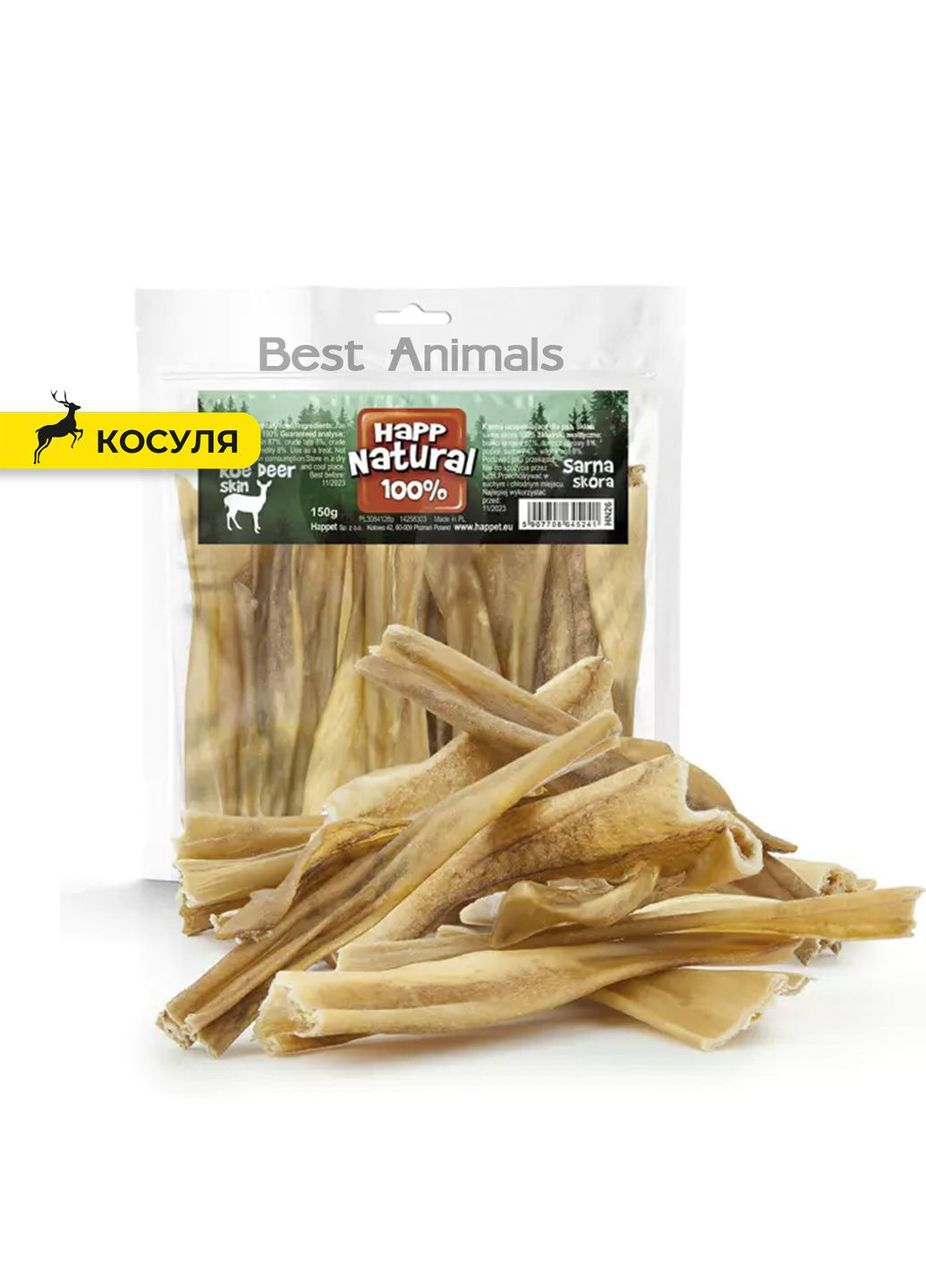 Сушеная 100% кожа косули натуральный вкус для собак 150 г (HN26) (5907708645241) Happet (354700894)
