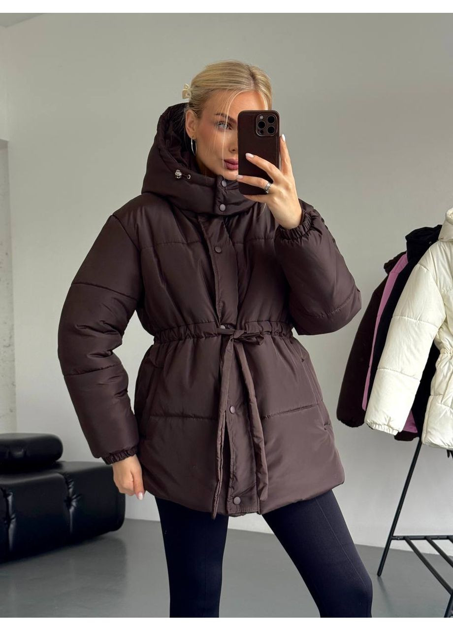 Коричнева зимня обʼємна тепла куртка з капюшоном та поясом — заміри в описі куртка-пальто DK/DL Мода без кордонів