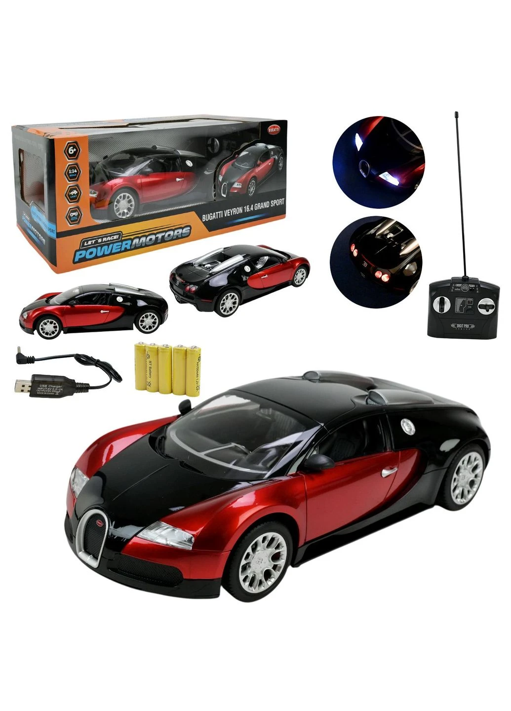 Радіокерована модель автомобіля Bugatti Veyron 1:14 зі світлом та пультом керування для дітей 6+ PowerMotors (403303205)