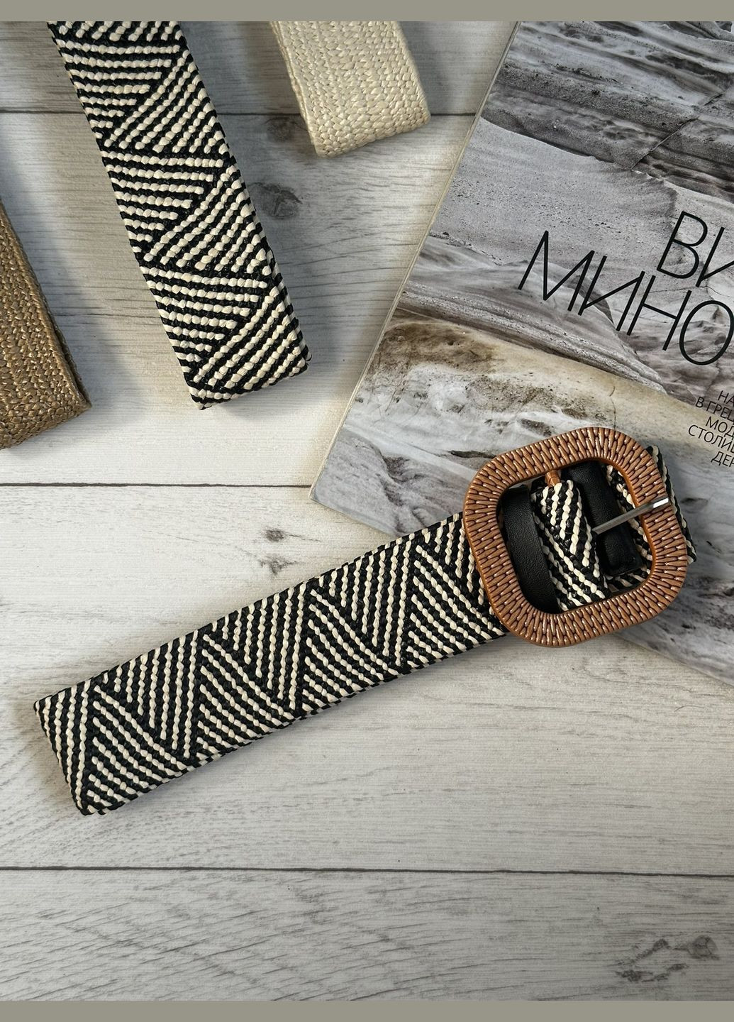 Женский плетеный ремень соломенный 95см Черно-белый квадрат (9746) No Brand (335806999)