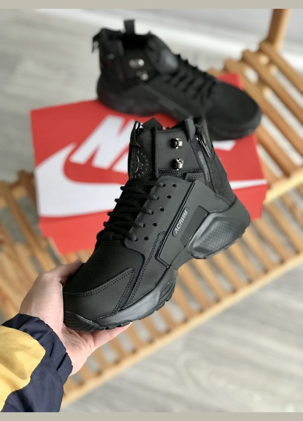 Чорні Зимовий кросівки зимові чоловічі No Brand Huarache X Acronym winter black termo | Найк Хуарачі х Акронум високі термо