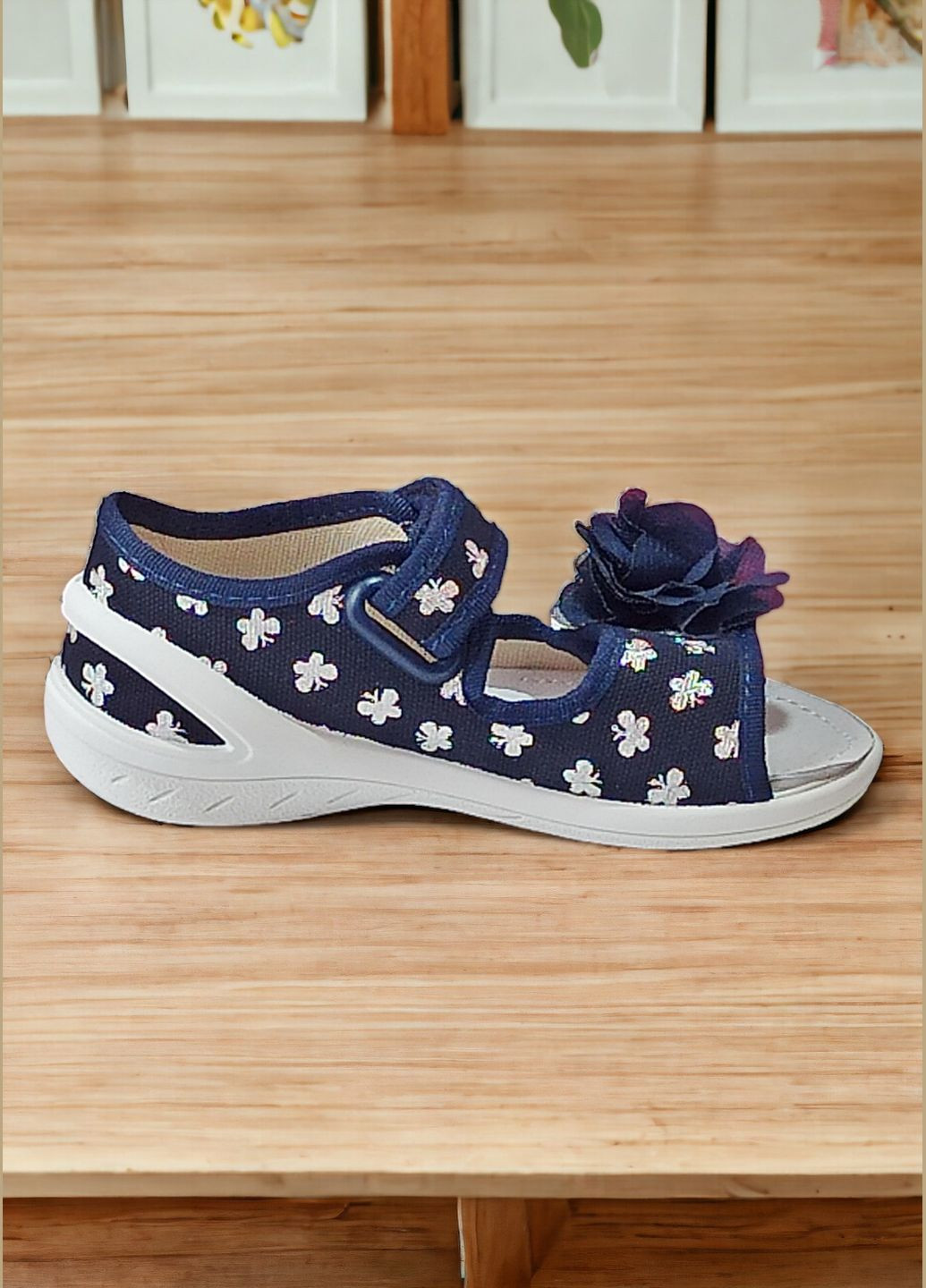 Синие ортопедические открытые тапочки текстильные босоножки для девочки Waldi с бантом, с цветами