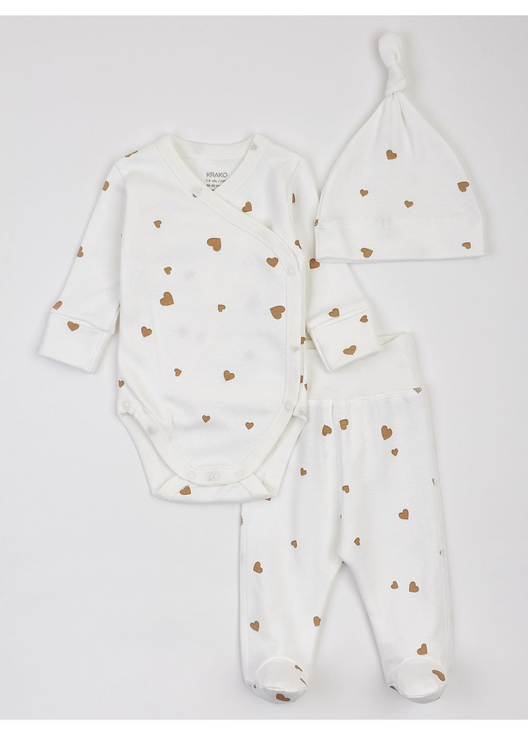 Молочный детский комплект для новорожденных бежевые сердечка (боди,ползунки и шапочка) KRAKO