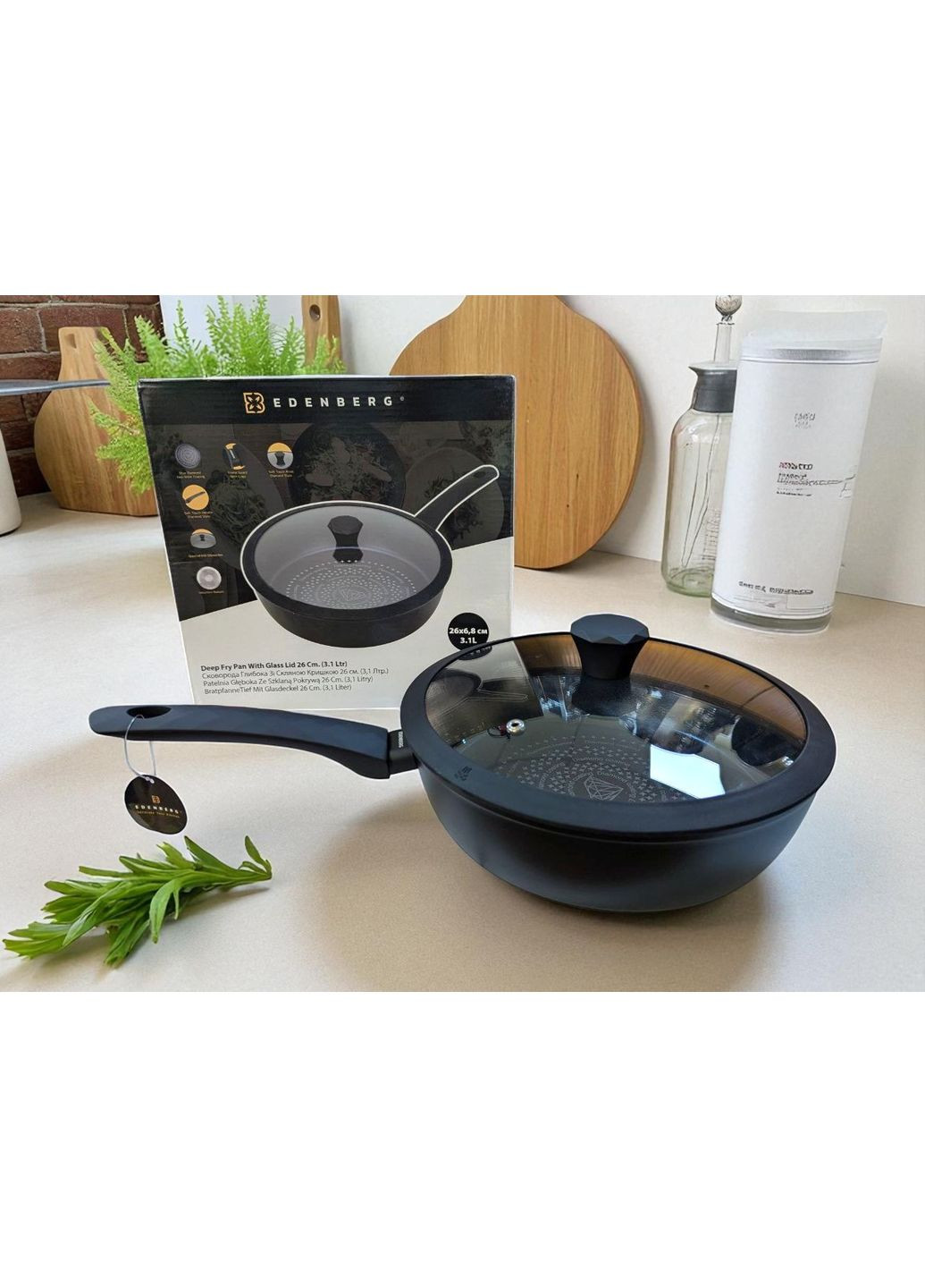 Сковорода глубокая EB-3491 2,4 л со стеклянной крышкой и бриллиантовым покрытием. Edenberg (362376043)