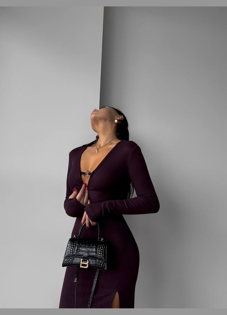 Темно-фіолетова елегантна сукня з акцентним вирізом на декольте + із затяжками на спині, шикарна сукня з довгим рукавом у кольорі: баклажан No Brand однотонна