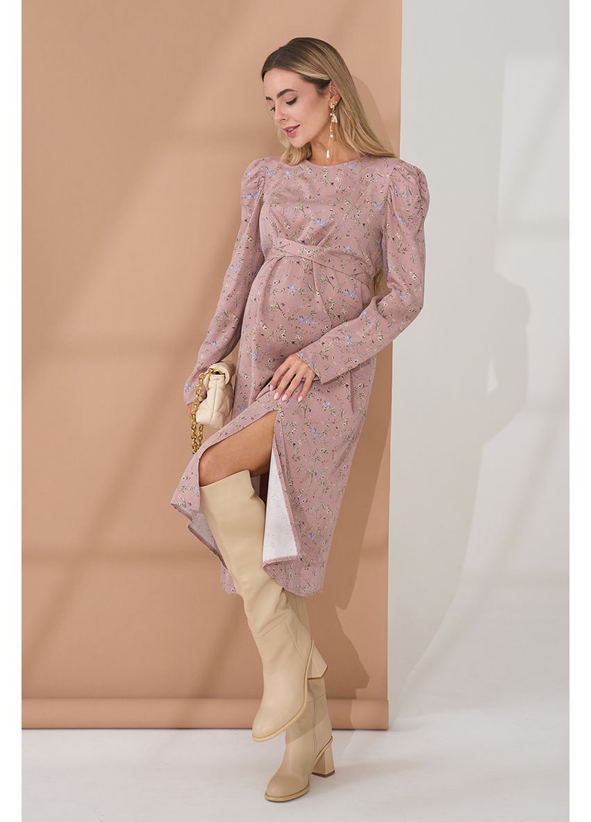 Пудровое нарядное платье миди для беременных и кормящих пудровое с цветочным принтом Юла мама с цветочным принтом