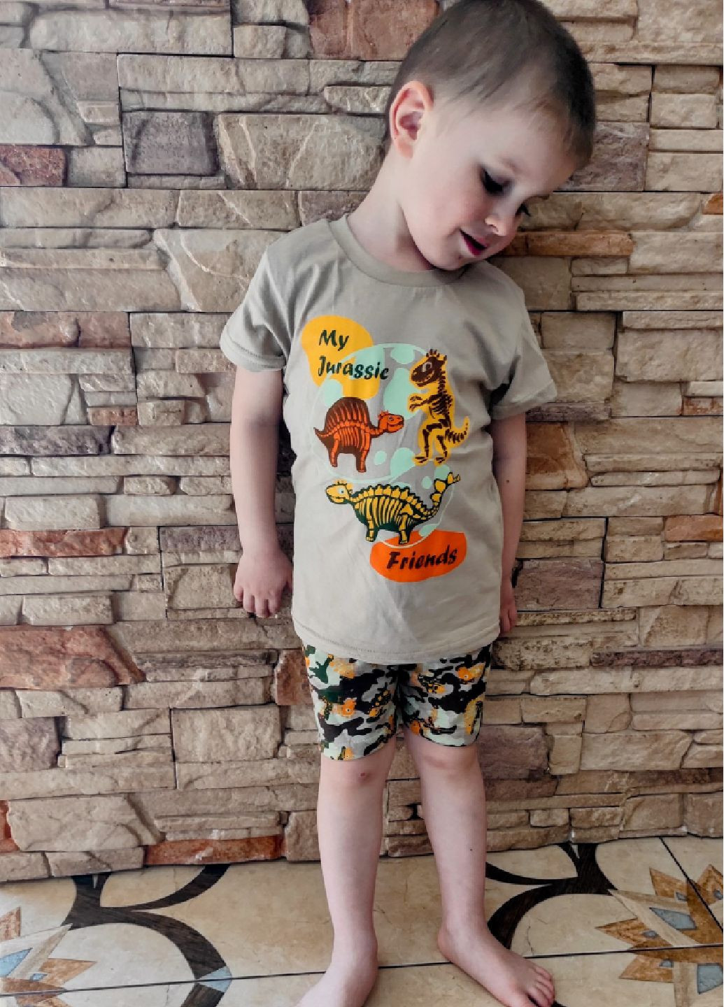 Комбинированный летний костюм (комплект) шорты футболка динозаври (пиксель) No Brand