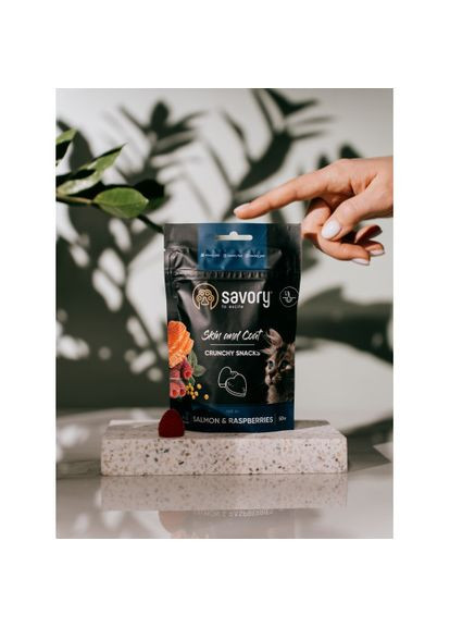 Хрусткі ласощі для здоров'я шкіри та шерсті, лосось із малиною 50 г Savory (335005452)