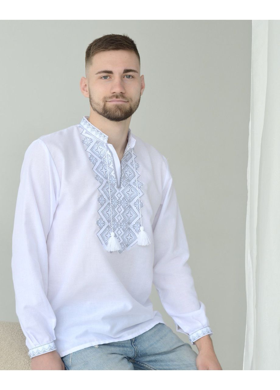 Серая мужская вышиванка с вышивкой в серых оттенках. узор орнамент прямой, свободная хлопок (352725082)