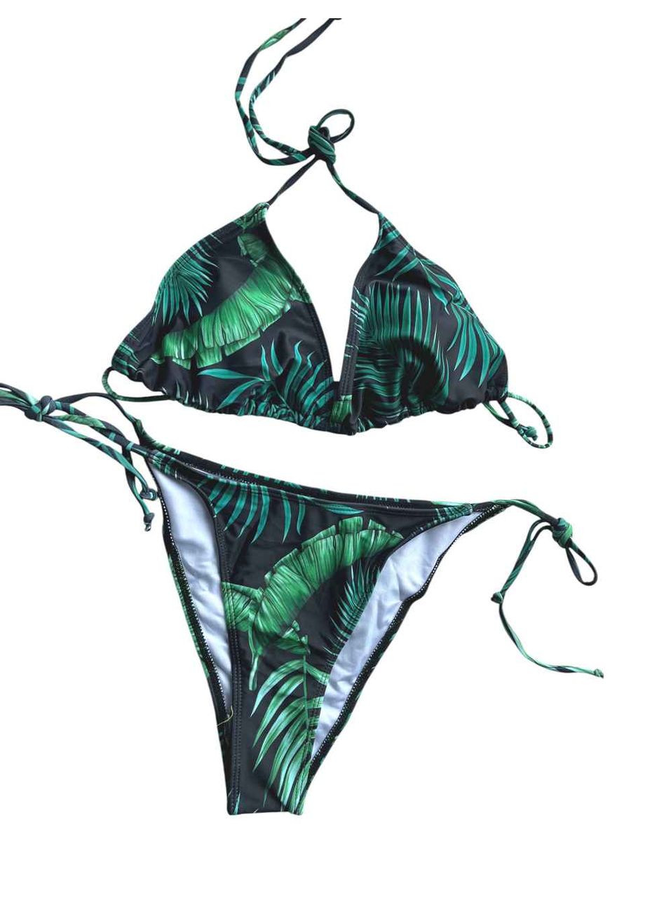 Зеленый демисезонный купальник раздельный черный с зеленым тропическим принтом. раздельный No Brand 7913